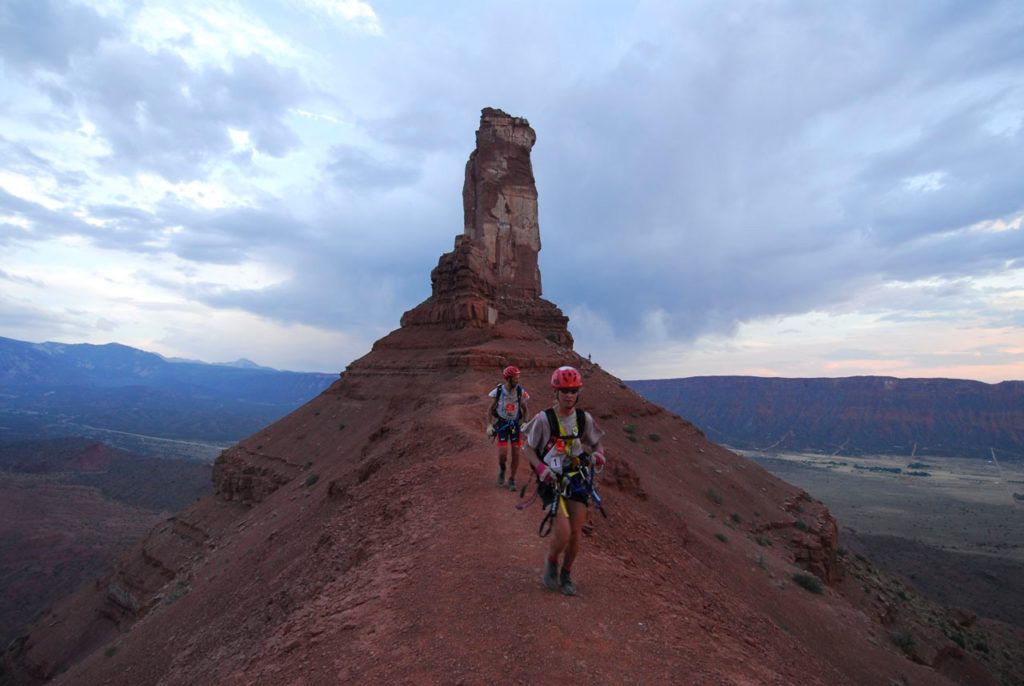 Team trekking on ridge between Priest and Nuns rock formation